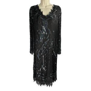 Vintage Star Light City Dress Medium Black Iridescent Sequins Beads Midi Silk